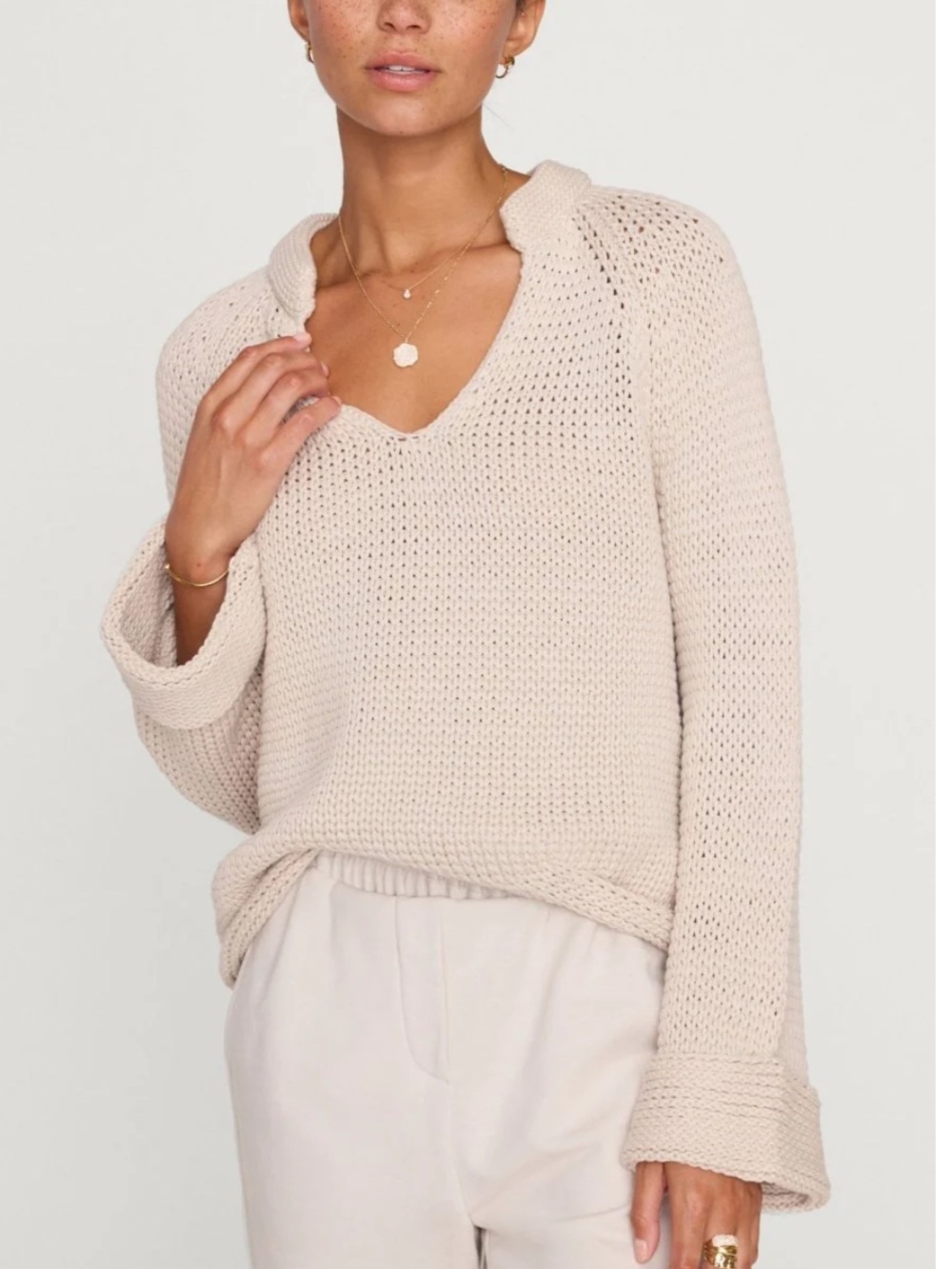 Brochu Walker Aria Popover Sweater Women’s Medium Warm Stone Cable Knit Cotton